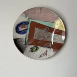 1980's Postmodern Larry H. Hand Painted Wall Art Plates - A Pair -chairish shop 1980s postmodern larry h hand painted wall art plates a pair 8904 scaled