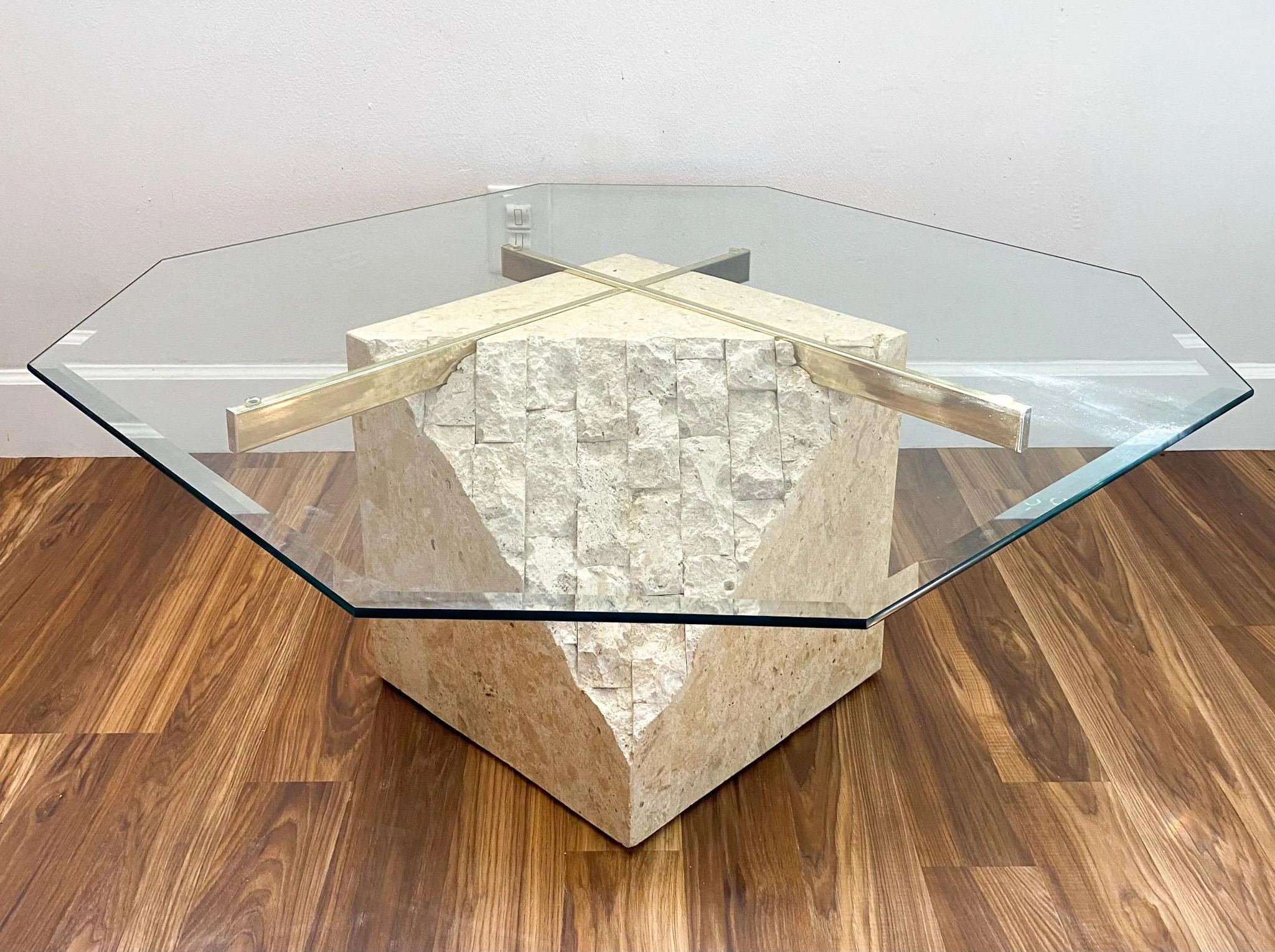 1980's Postmodern Tesselated Mactan Stone And Brass Coffee Table With Glass Top 10 1980's Postmodern Tesselated Mactan Stone And Brass Coffee Table With Glass Top - Image 10