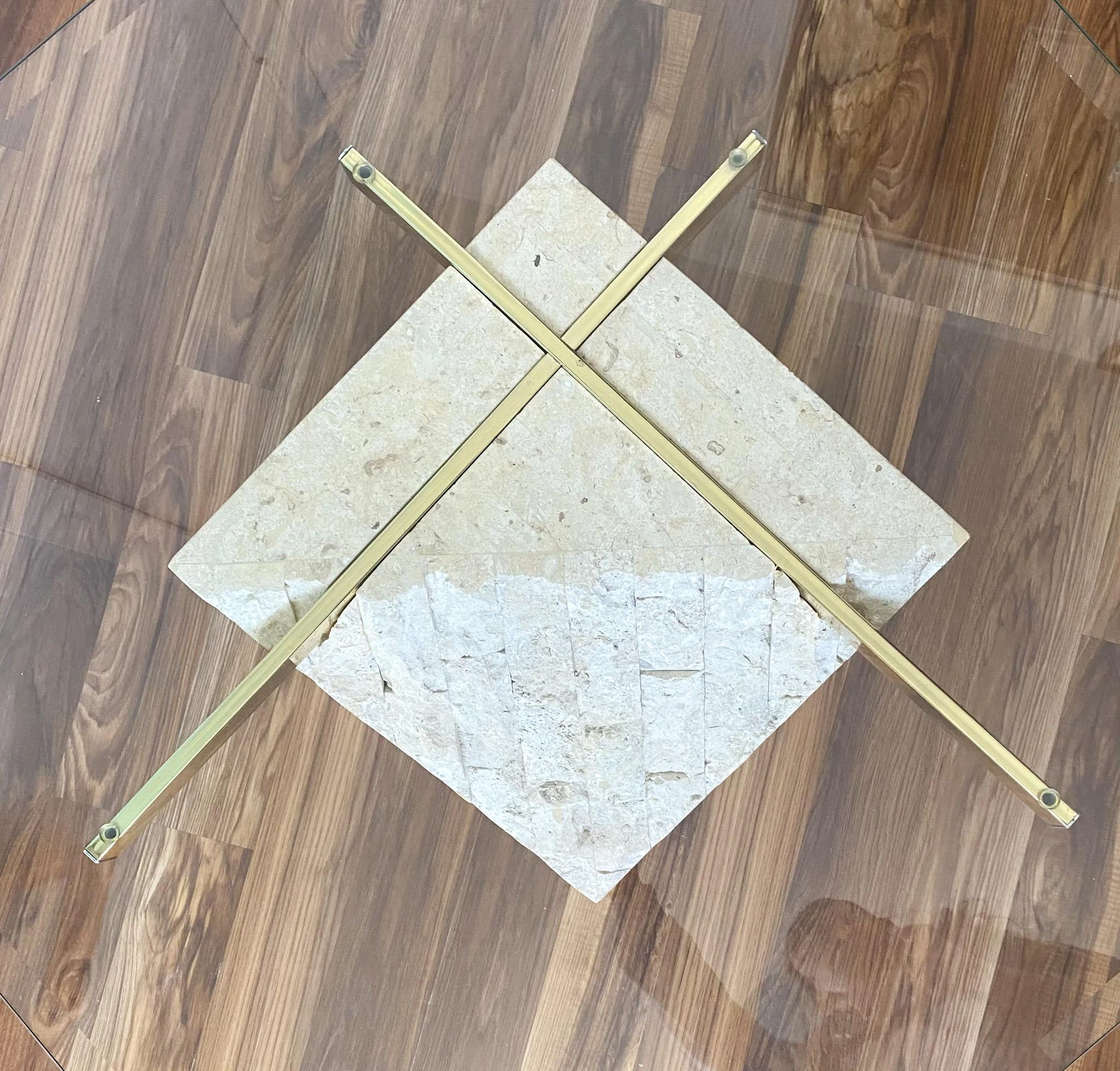 1980's Postmodern Tesselated Mactan Stone And Brass Coffee Table With Glass Top 6 1980's Postmodern Tesselated Mactan Stone And Brass Coffee Table With Glass Top - Image 6