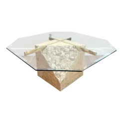 1980's Postmodern Tesselated Mactan Stone And Brass Coffee Table With Glass Top