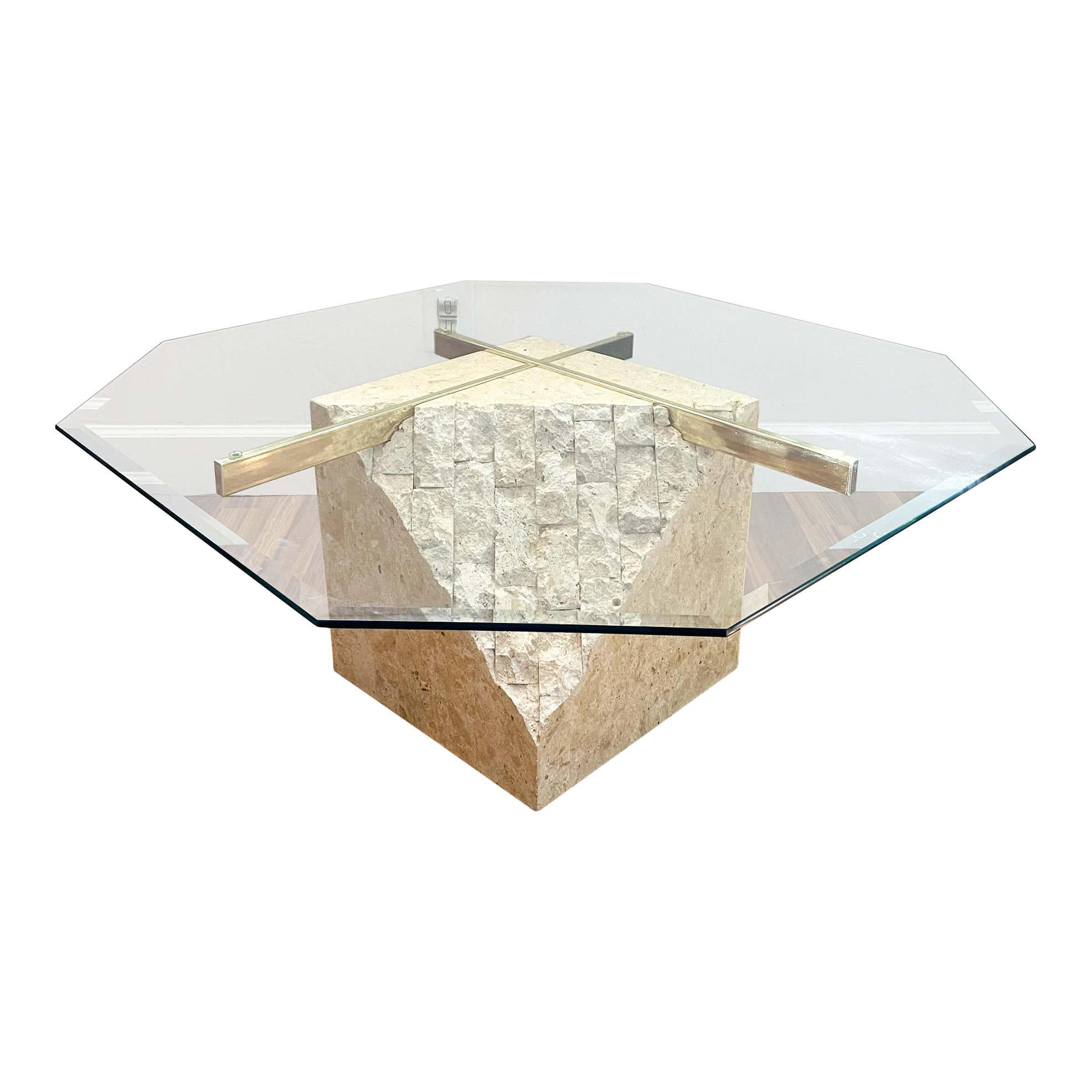 1980's Postmodern Tesselated Mactan Stone And Brass Coffee Table With Glass Top 1 1980's Postmodern Tesselated Mactan Stone And Brass Coffee Table With Glass Top