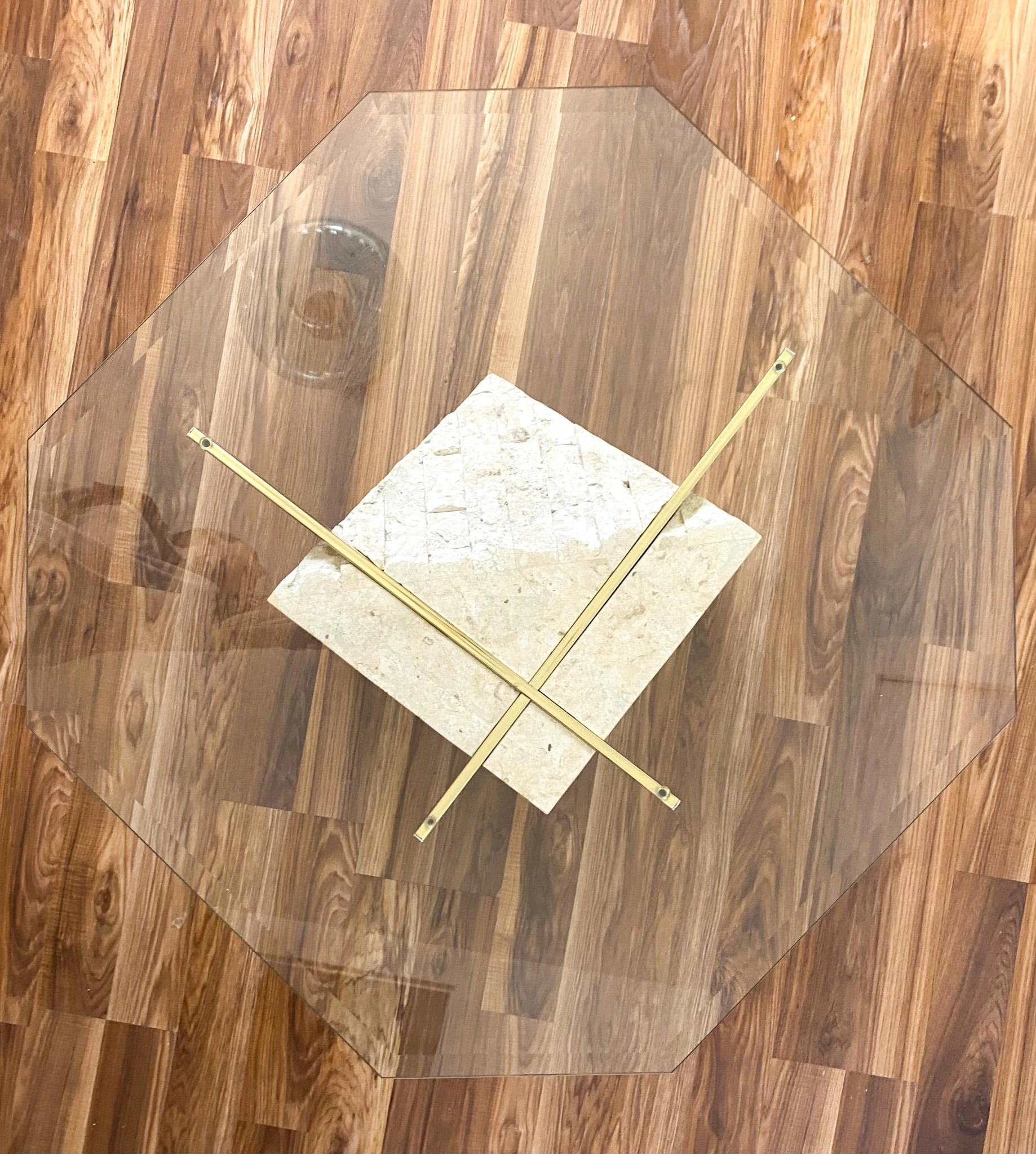 1980's Postmodern Tesselated Mactan Stone And Brass Coffee Table With Glass Top 5 1980's Postmodern Tesselated Mactan Stone And Brass Coffee Table With Glass Top - Image 5