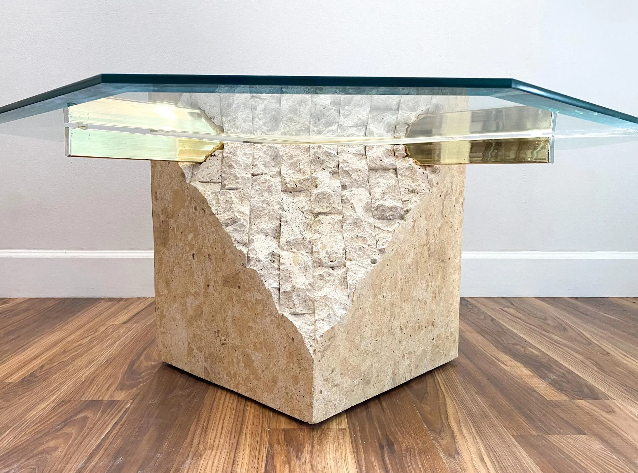 1980's Postmodern Tesselated Mactan Stone And Brass Coffee Table With Glass Top 7 1980's Postmodern Tesselated Mactan Stone And Brass Coffee Table With Glass Top - Image 7