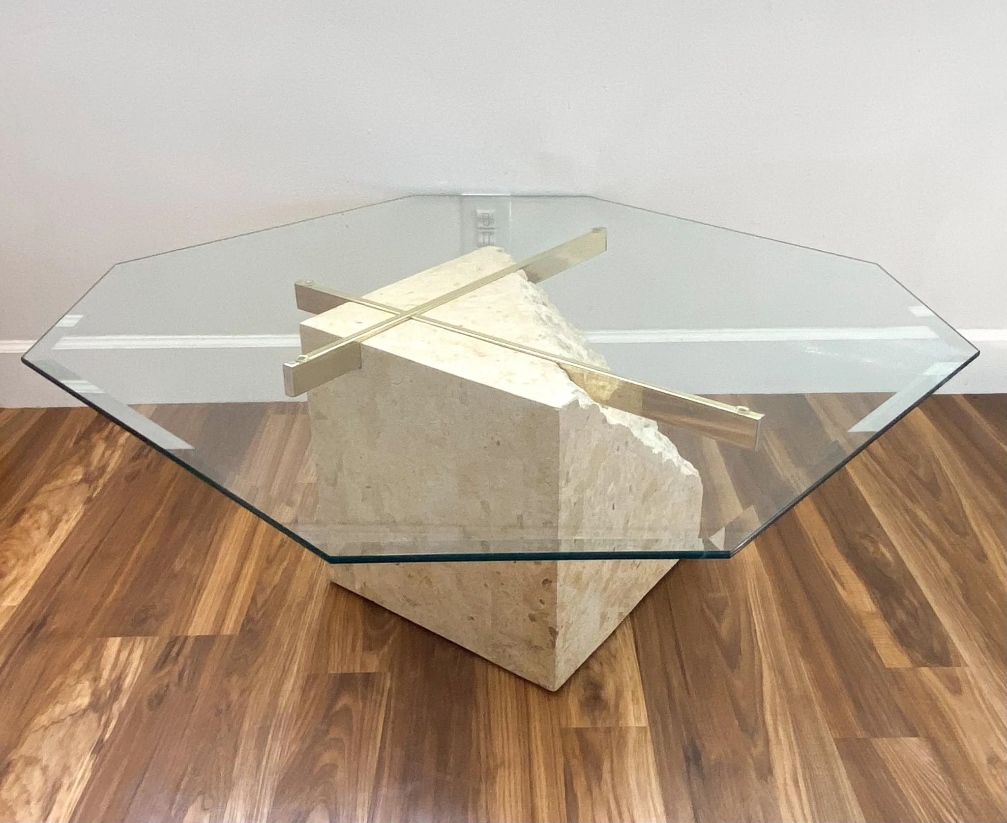 1980's Postmodern Tesselated Mactan Stone And Brass Coffee Table With Glass Top 2 1980's Postmodern Tesselated Mactan Stone And Brass Coffee Table With Glass Top - Image 2
