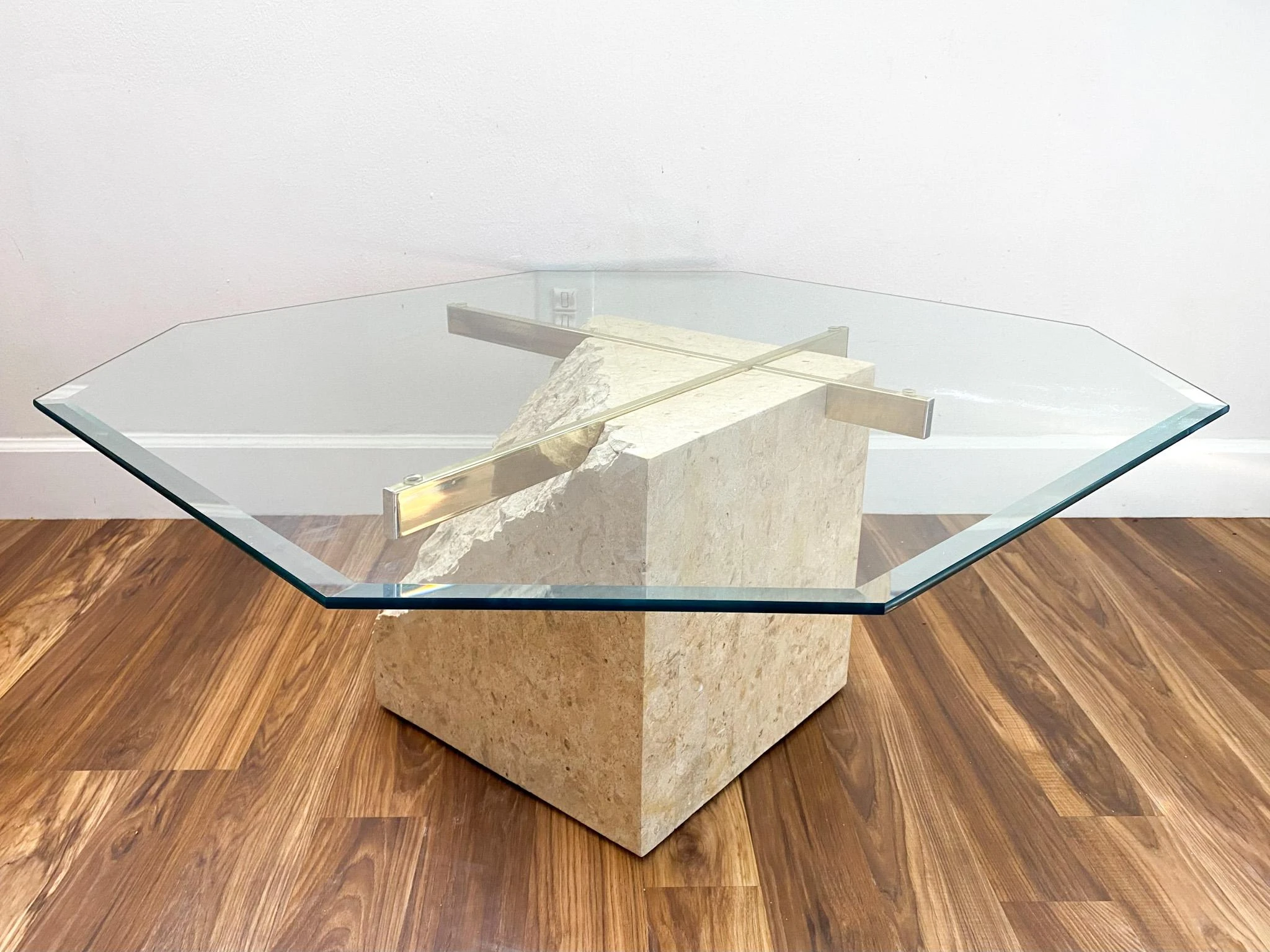 1980's Postmodern Tesselated Mactan Stone And Brass Coffee Table With Glass Top 3 1980's Postmodern Tesselated Mactan Stone And Brass Coffee Table With Glass Top - Image 3