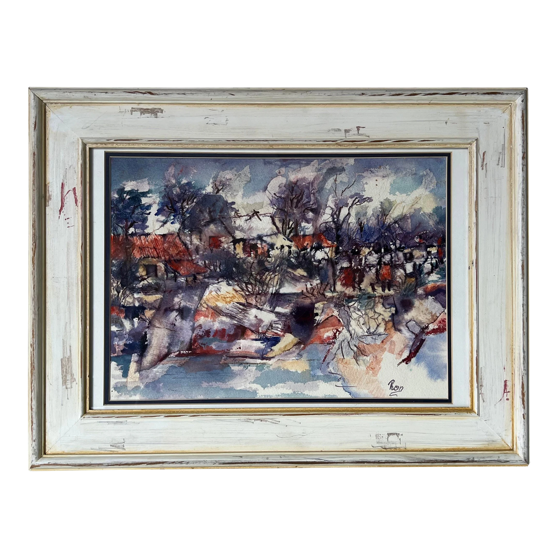 1980's Ronald Smith "Country Scene " Abstract Composition Watercolor Painting 1 1980's Ronald Smith "Country Scene " Abstract Composition Watercolor Painting