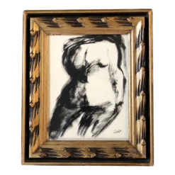 1980’s Vintage Original Abstract Female Nude Painting Vintage Carved Wood Frame Signed