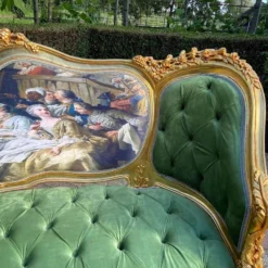 1990's French Louis Xvi Corbeille Style Settee In Green Velvet -chairish shop 1990s french louis xvi corbeille style settee in green velvet 0037
