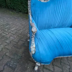 1990's French Louis XVI-Style Settee In Blue Velvet -chairish shop 1990s french louis xvi style settee in blue velvet 2056