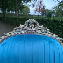 1990's French Louis XVI-Style Settee In Blue Velvet -chairish shop 1990s french louis xvi style settee in blue velvet 2588