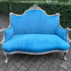 1990's French Louis XVI-Style Settee In Blue Velvet -chairish shop 1990s french louis xvi style settee in blue velvet 3366