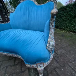 1990's French Louis XVI-Style Settee In Blue Velvet -chairish shop 1990s french louis xvi style settee in blue velvet 4793