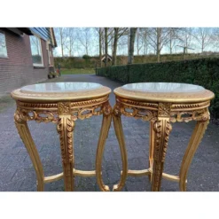 1990's French Louis XVI Style Side Tables In Gold With Beige Marble Top - A Pair -chairish shop 1990s french louis xvi style side tables in gold with beige marble top a pair 0303