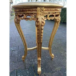 1990's French Louis XVI Style Side Tables In Gold With Beige Marble Top - A Pair -chairish shop 1990s french louis xvi style side tables in gold with beige marble top a pair 3655