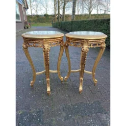 1990's French Louis XVI Style Side Tables In Gold With Beige Marble Top - A Pair -chairish shop 1990s french louis xvi style side tables in gold with beige marble top a pair 5380