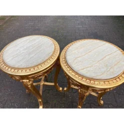 1990's French Louis XVI Style Side Tables In Gold With Beige Marble Top - A Pair -chairish shop 1990s french louis xvi style side tables in gold with beige marble top a pair 5984
