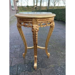 1990's French Louis XVI Style Side Tables In Gold With Beige Marble Top - A Pair -chairish shop 1990s french louis xvi style side tables in gold with beige marble top a pair 7924