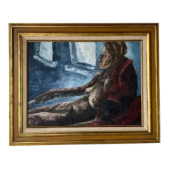 60's Vintage Grey Reclining Nude Woman Oil Painting, Framed