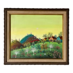 70's Cermic Blasnauski Folk Art Russian Village Oil Painting, Framed
