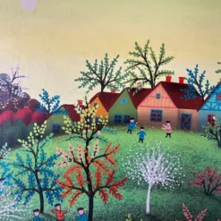 70's Cermic Blasnauski Folk Art Russian Village Oil Painting, Framed -chairish shop 70s cermic blasnauski folk art russian village oil painting framed 3240 scaled