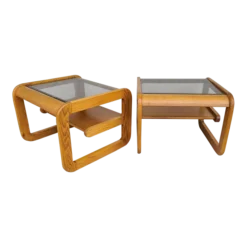 70's MCM Hodges Mersman Oak Smoked Glass End Tables- Set Of 2
