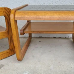 70's MCM Hodges Mersman Oak Smoked Glass End Tables- Set Of 2 -chairish shop 70s mcm hodges mersman oak smoked glass end tables set of 2 3566