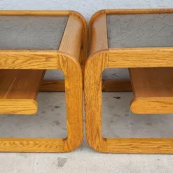 70's MCM Hodges Mersman Oak Smoked Glass End Tables- Set Of 2 -chairish shop 70s mcm hodges mersman oak smoked glass end tables set of 2 5655