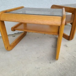 70's MCM Hodges Mersman Oak Smoked Glass End Tables- Set Of 2 -chairish shop 70s mcm hodges mersman oak smoked glass end tables set of 2 8617