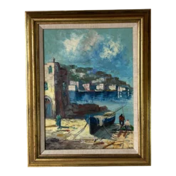 70's Vintage Impressionist European Harbor Oil Painting, Framed