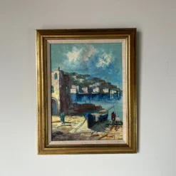 70's Vintage Impressionist European Harbor Oil Painting, Framed -chairish shop 70s vintage impressionist european harbor oil painting framed 9325 scaled