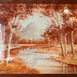 80's B. Burnett Autumn Lake Landscape Watercolor Painting -chairish shop 80s b burnett autumn lake landscape watercolor painting 6663 scaled
