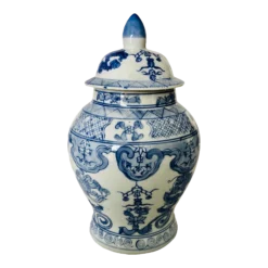 90's Chinese Blue & White Porcelain Lidded Ginger Jar