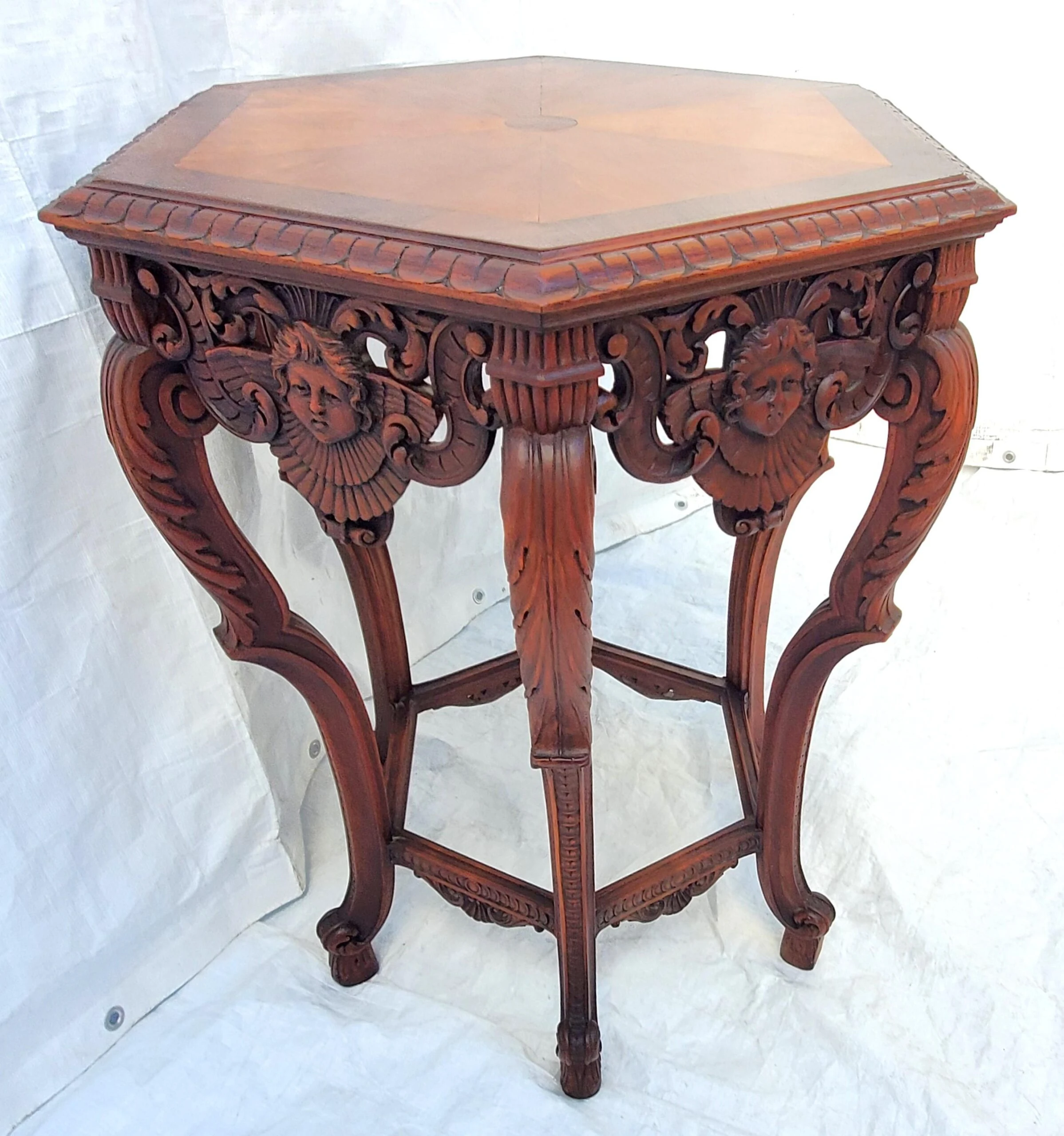 Angel / Cherub Carved Burl Walnut Hexagon Side Lamp Accent Table 1920's 3 Angel / Cherub Carved Burl Walnut Hexagon Side Lamp Accent Table 1920's - Image 3