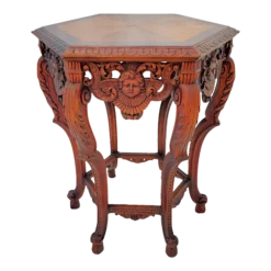 Angel / Cherub Carved Burl Walnut Hexagon Side Lamp Accent Table 1920's
