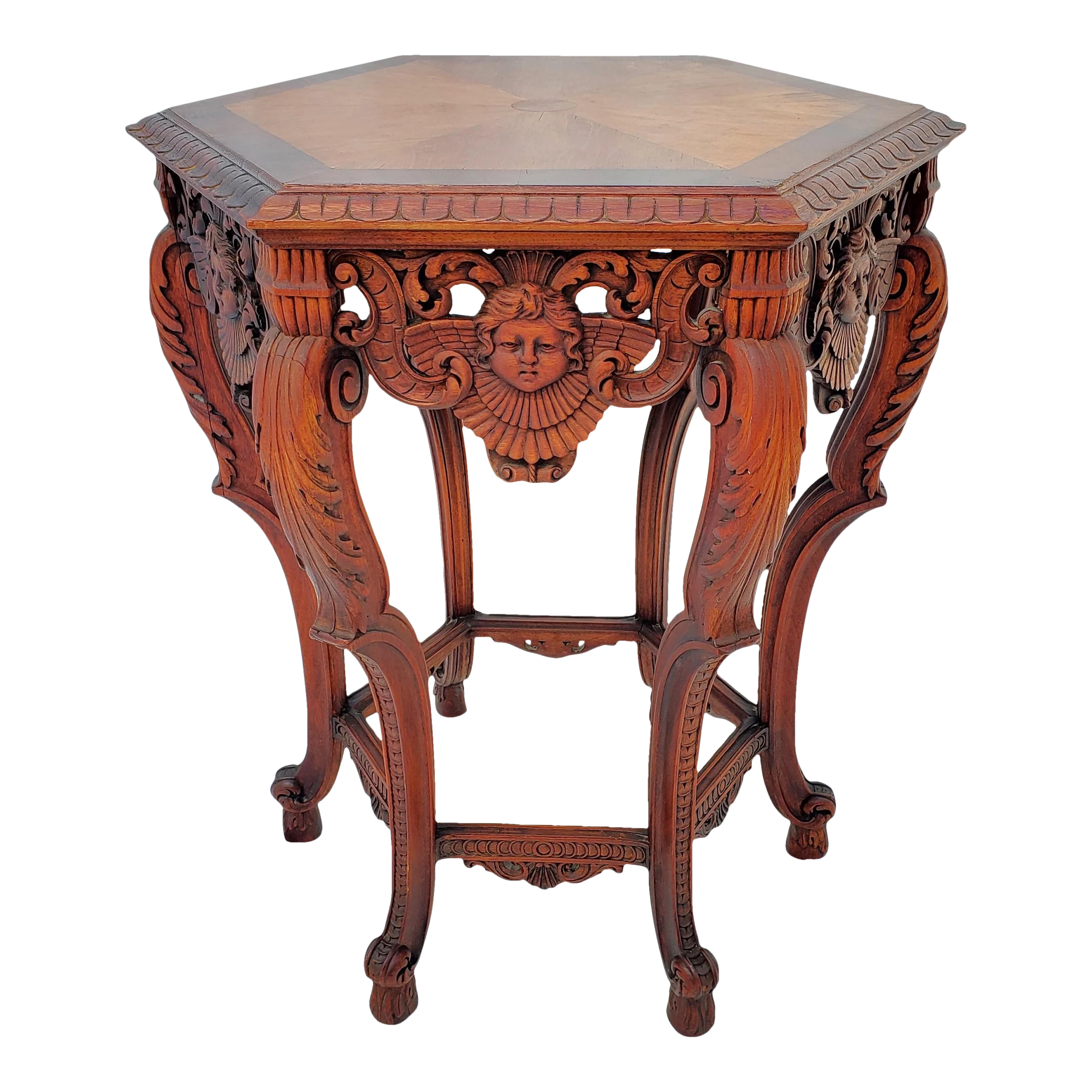 Angel / Cherub Carved Burl Walnut Hexagon Side Lamp Accent Table 1920's 1 Angel / Cherub Carved Burl Walnut Hexagon Side Lamp Accent Table 1920's