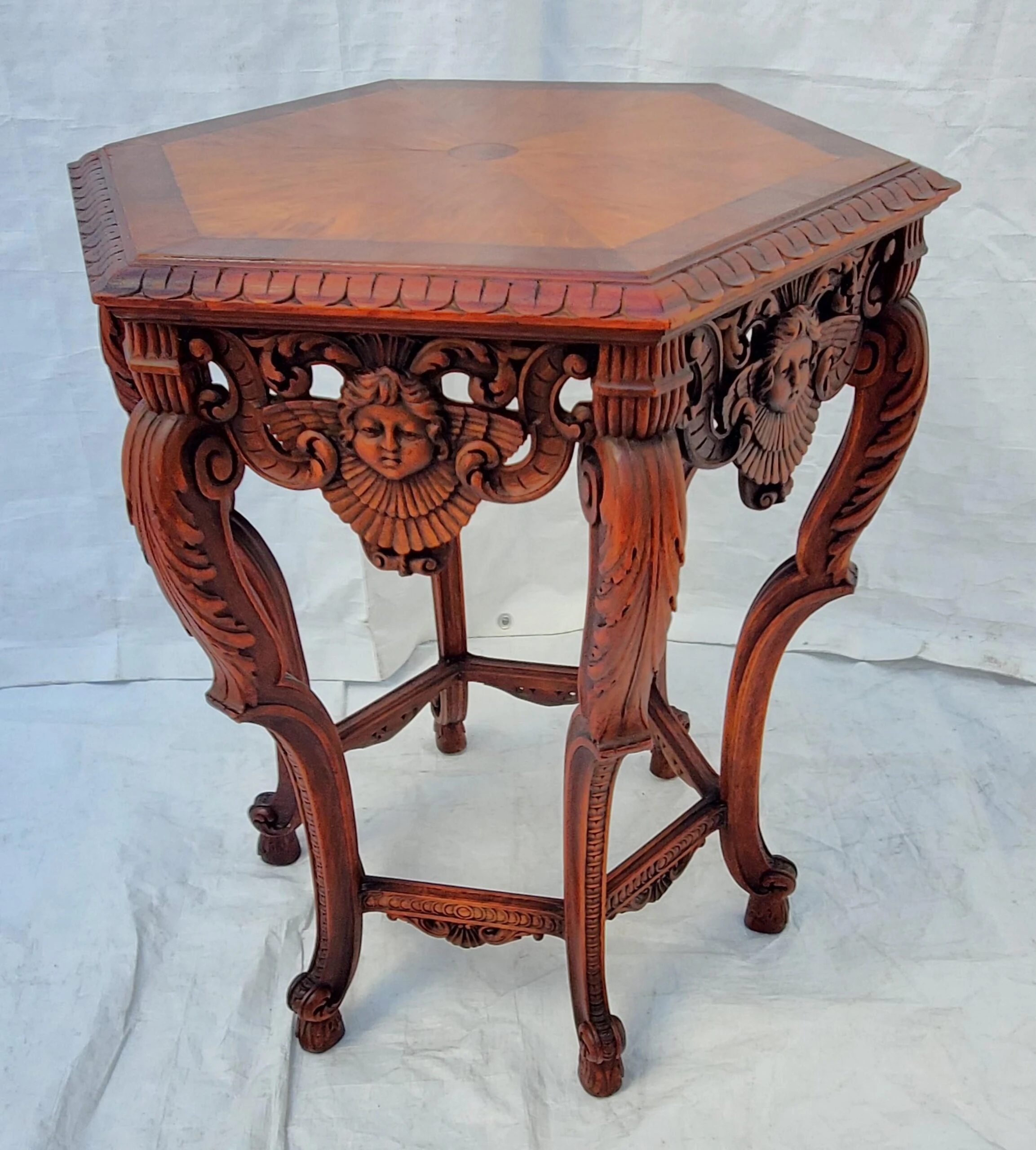 Angel / Cherub Carved Burl Walnut Hexagon Side Lamp Accent Table 1920's 6 Angel / Cherub Carved Burl Walnut Hexagon Side Lamp Accent Table 1920's - Image 6