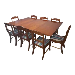 Antique 1920's Drop Leaf Table With Eight Hand Carved Rose Back Wood Chairs - 9 Piece Set