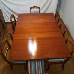 Antique 1920's Drop Leaf Table With Eight Hand Carved Rose Back Wood Chairs - 9 Piece Set -chairish shop antique 1920s drop leaf table with eight hand carved rose back wood chairs 9 piece set 2631 scaled