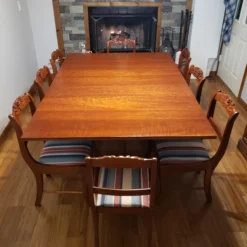 Antique 1920's Drop Leaf Table With Eight Hand Carved Rose Back Wood Chairs - 9 Piece Set -chairish shop antique 1920s drop leaf table with eight hand carved rose back wood chairs 9 piece set 6166 scaled