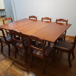 Antique 1920's Drop Leaf Table With Eight Hand Carved Rose Back Wood Chairs - 9 Piece Set -chairish shop antique 1920s drop leaf table with eight hand carved rose back wood chairs 9 piece set 7250 scaled