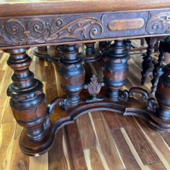 Antique Early 1900’s 9 Piece Hand Carved Wood Art Deco Dining Room Table In Chairs In Thibaut Anna French Cornwall And Julian Upholstery -chairish shop antique early 1900s 9 piece hand carved wood art deco dining room table in chairs in thibaut anna french cornwall and julian upholstery 2046 scaled