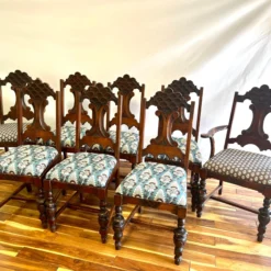 Antique Early 1900’s 9 Piece Hand Carved Wood Art Deco Dining Room Table In Chairs In Thibaut Anna French Cornwall And Julian Upholstery -chairish shop antique early 1900s 9 piece hand carved wood art deco dining room table in chairs in thibaut anna french cornwall and julian upholstery 5751 scaled