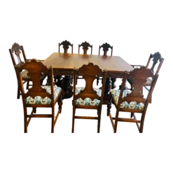 Antique Early 1900’s 9 Piece Hand Carved Wood Art Deco Dining Room Table In Chairs In Thibaut Anna French Cornwall And Julian Upholstery
