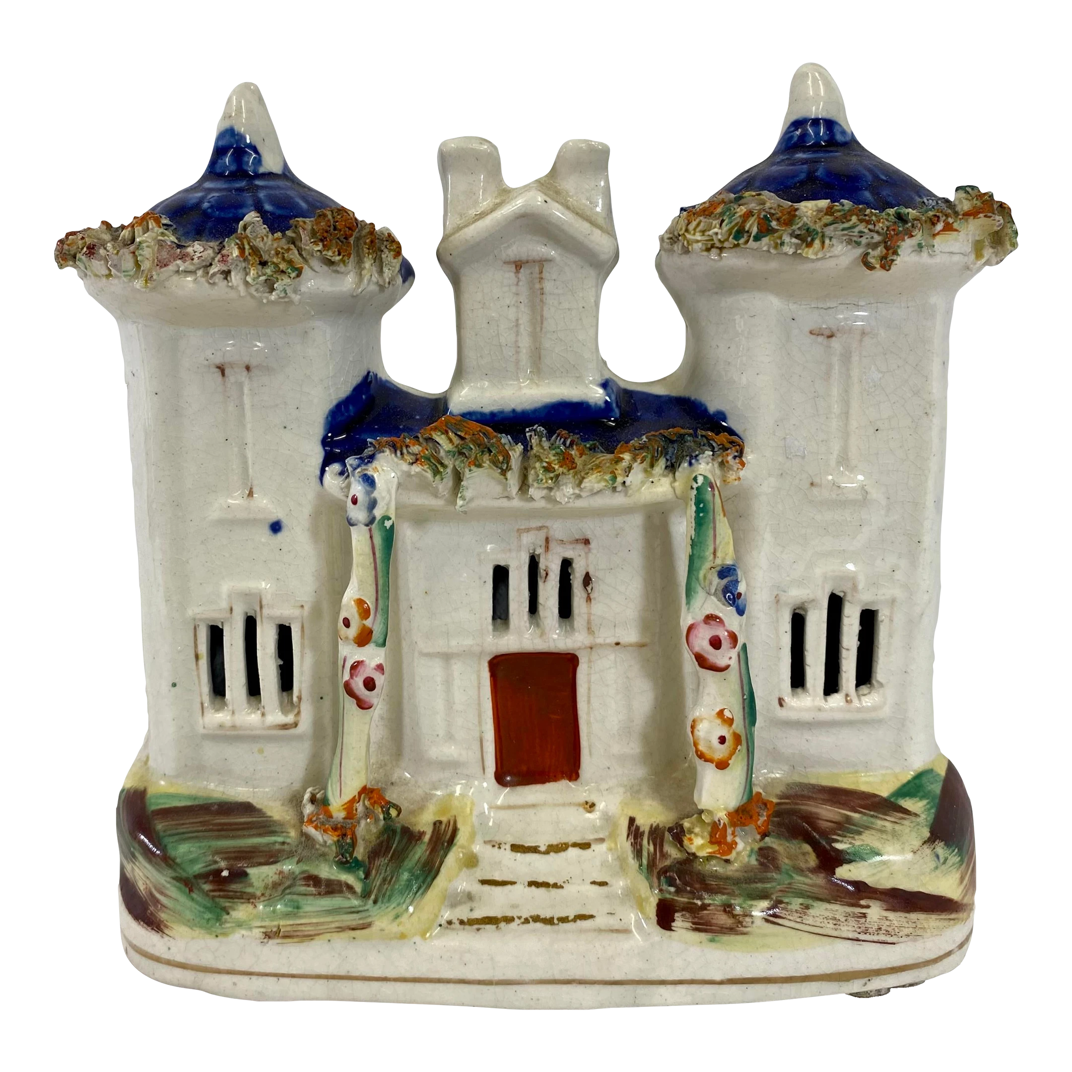 Antique Hand Painted Porcelain Staffordshire House /Villa With Cobalt Blue Roof From England - Circa 1860’s 1 Antique Hand Painted Porcelain Staffordshire House /Villa With Cobalt Blue Roof From England - Circa 1860’s