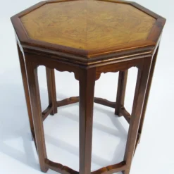 C.1960's Attr. To Baker Furniture Co. Inlaid Burl Wood & Oak Octogonal-Shaped Occasional Table -chairish shop c1960s attr to baker furniture co inlaid burl wood and oak octogonal shaped occasional table 8429 scaled
