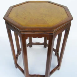 C.1960's Attr. To Baker Furniture Co. Inlaid Burl Wood & Oak Octogonal-Shaped Occasional Table -chairish shop c1960s attr to baker furniture co inlaid burl wood and oak octogonal shaped occasional table 8912 scaled