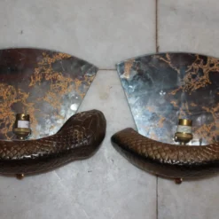 C1960's British Designer Mid Century Modern Bronze "Python" Mirror Back Wall Sconces By Wilson Laidlaw A - Pair -chairish shop c1960s british designer mid century modern bronze python mirror back wall sconces by wilson laidlaw a pair 6717 scaled