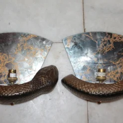 C1960's British Designer Mid Century Modern Bronze "Python" Mirror Back Wall Sconces By Wilson Laidlaw A - Pair -chairish shop c1960s british designer mid century modern bronze python mirror back wall sconces by wilson laidlaw a pair 8310 scaled