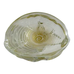 C.1960's Italian Hand-Blown Archimede Seguso Large Ovoid-Shaped Murano Bowl -Clear With White "Infinity Swirl" & Gold Leaf