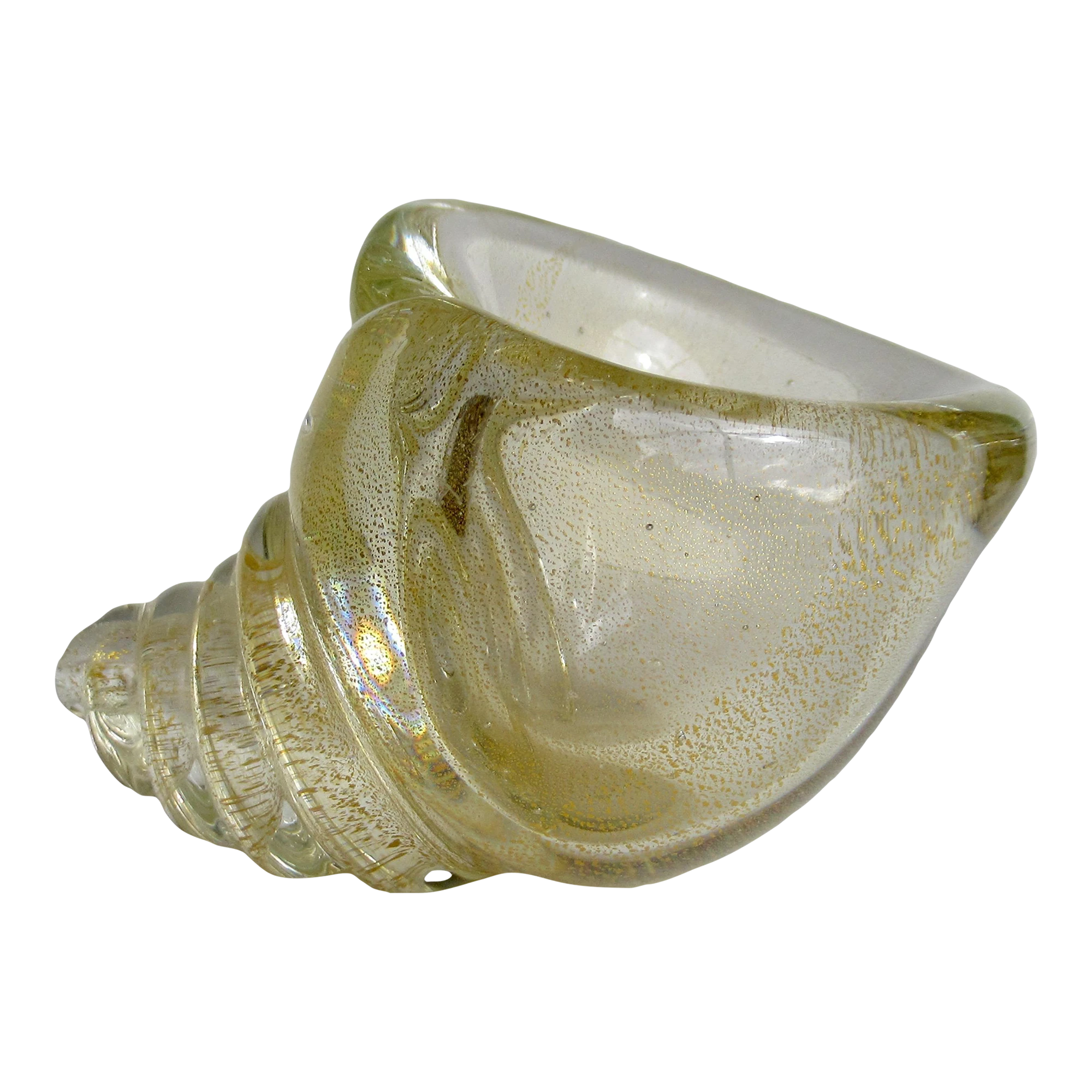 C.1960's Italian Hand-Blown Murano Conch Shell Salt Cellar Clear With Gold Dust Inclusions By Archimede Seguso 1 C.1960's Italian Hand-Blown Murano Conch Shell Salt Cellar Clear With Gold Dust Inclusions By Archimede Seguso